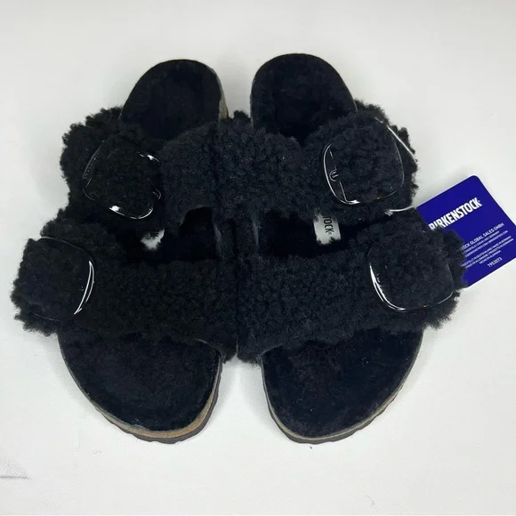BIRKENSTOCK Arizona Big Buckle Shearling Sandals -NWT- Teddy Black- Women’s 7 - Picture 3 of 9